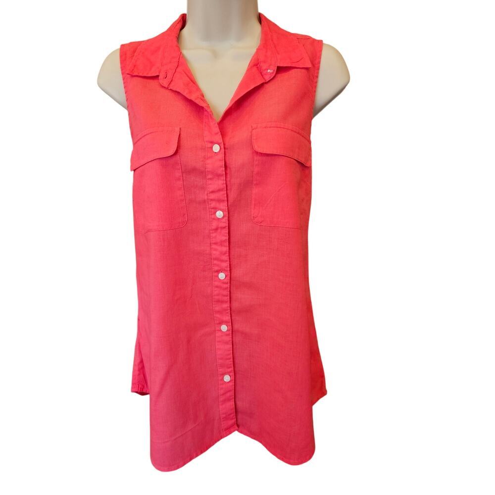 Old navy linen hot pink sleevless button up summer casual top M career teacher #